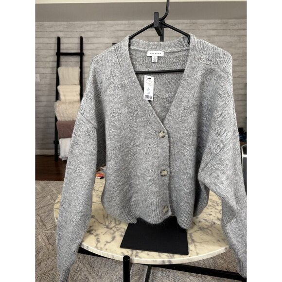 NWT Topshop Knitted Easy Clean Rib Detail Relaxed Cardigan In Gray Women Size 12 - Picture 2 of 8